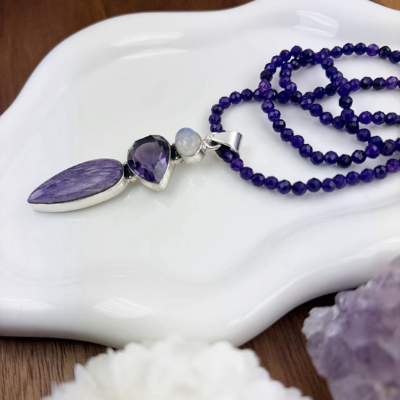 Amethyst Moonstone Charoite Pendant Necklace Southwest Boho Vintage New 925 - Picture 6 of 10